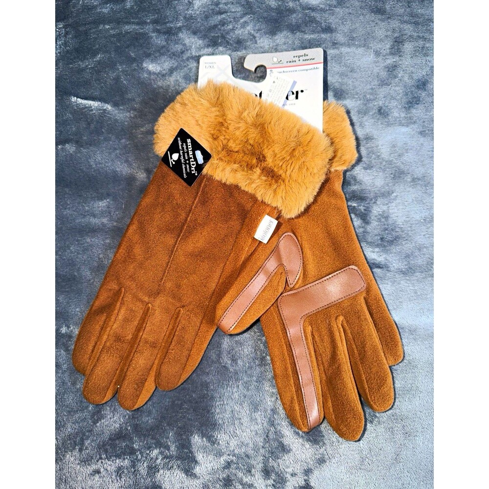 Isotoner Women's L/XL Brown Touchscreen Gloves Faux Fur Trim Wrist Length